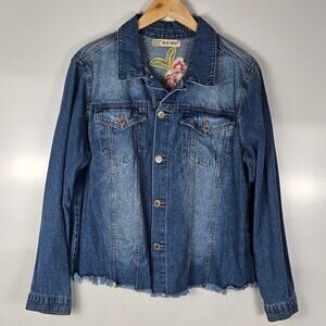 Blue savvy denim jacket women's size 2X floral embroidery button up raw hemline